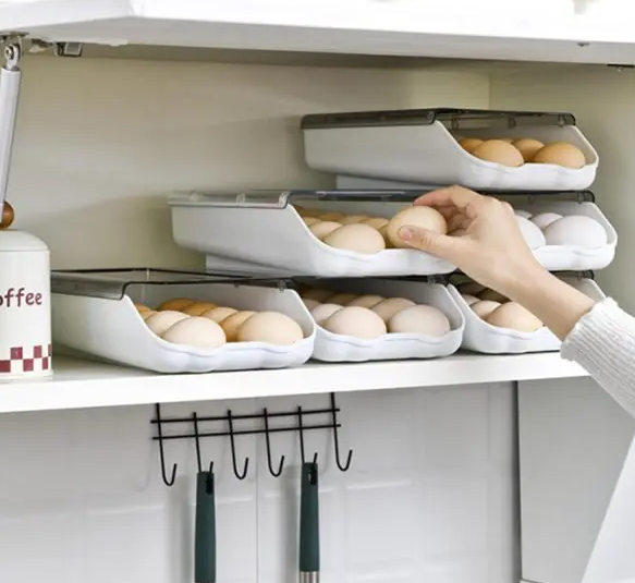 High Quality Auto Scrolling Egg Storage Holder Kitchen Egg Holder Refrigerator Egg Organizer with Lid